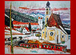  Bei Disentis , in Werk von 1957 vom Schweizer Maler, Zeichner, Lithograf und Kinderbuchautor Alois Carigiet, hier am 20 Februar 2017 im Bahnhof Alp Grüm, an dem ALLEGRA-Zweispannungstriebzug ABe 8/12 RhB 3515  Alois Carigiet .