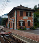 Der Schweizer Grenzbahnhof Camedo der FART - Ferrovie autolinee regionali ticinesi hier am 02 August 2019.