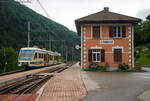 Der FART Gelenktriebwagen ABe 4/6 54 „Intragna“ (90 85 843 0054-9 CH-FRT) hat am 02 August 2019 seinen Endbahnhof Camedo erreicht, und steht nun wieder zur Rückfahrt nach Locarno