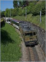 Die MOB GDe 4/4 6003  Train du Chocolat  erreicht mit einem MOB Panoramic Express auf der Fahrt nach Montreux Sonzier.