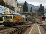 Die MOB (Montreux–Berner Oberland-Bahn) GDe 4/4 6003 fhrt am 26.02.2012 im Bahnhof Montreux.
Diese Meterspurige Lok (eigenlich ein Gepcktriebwagen) wurde 1983 von SLM/ABB gebaut, sie hat eine Dauerleistung von 1016 kW, die Achsfolge ist Bo´Bo´. Die Loks der Serie 6001-6004 gelten mit ihrer Hchstgeschwindigkeit von 110 km/h als schnellste Schmalspurloks der Welt. 