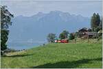 Ein kleiner Zug auf grosser Fahrt: Der RhB Bernina Bahn ABe 4/4 I N° 35 der Blonay Chamby Bahn ist mit dem Bernina Bahn As2 und dem MOB B4 N° 61 (beide auch Blonay-Chamby) als  Valrose