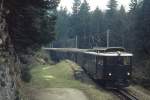 Im Zahnradabschnitt zwischen dem Brnigpass und Lungern befrdert ein Deh 4/6 der Brnigbahn Anfang Mai 1981 einen Regionalzug nach Luzern 