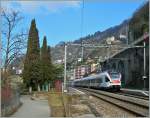 Ein Flirt als S3 auf der Fahrt nach Villeneuve bei der Durchfahrt in Veytaux Chillon.
14. Mrz 2013