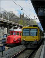 Ein altes, buntes Bild: Der Rote Pfeil und der Train des Vignes in Vevey.