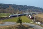 SBB/DB in der Schweiz: Die SBB Neubaustrecke  BAHN 2000  Mattstetten-Rothrist und die alte Stammstrecke Bern-Zollikofen-Burgdorf-Aarburg-Oftrigen-Olten treffen bei Roggwil aufeinander und verlaufen