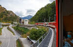 Wir verlassen am 07.09.2021 mit dem MGB Regio-Zug (Furka-Oberalp-Bahn) nach Visp, geschoben von dem Gepäcktriebwagen Deh 4/4 II - 92  Realp , nun den Bahnhof Betten (842 m ü.