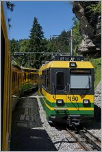 Eng an das steile Geläde geschmiegt, befindet sich oberhalb von Lauterbrunnen eine Kreuzungsstation, wo unser talwärts fahrender Zug den neuen Bhe 4/8 150 Panoramatriebzug kreuzt.
8. August 2016