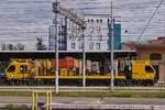 Mehrzweckfahrzeug OCPD 001, von Tesmec Rail, zur Wartung und Installieren von Oberleitungen mit Hilfe der an Bord installierten Spezialwerkzeuge, aufgenommen mit starkem Zoom, im Bahnhof von Verona Porta Nuova. Seitenansicht über mehrere Gleise  ...
