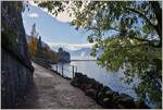 Herbstlicher Blick auf das Château de Chillon und seine Umgebung.