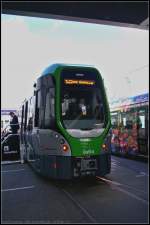 Der von Vossloh Kiepe und HeiterBlick fr die stra in Hannover gebaute TW 3000 (LRV) auf der InnoTrans 2014 in Berlin.